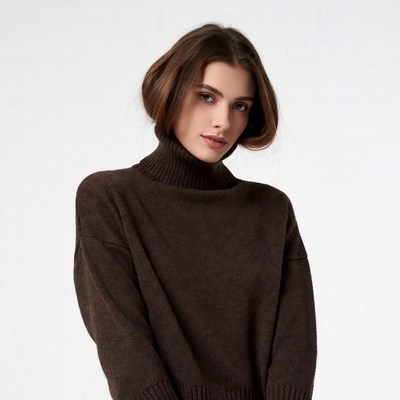 Woman in brown turtleneck sweater