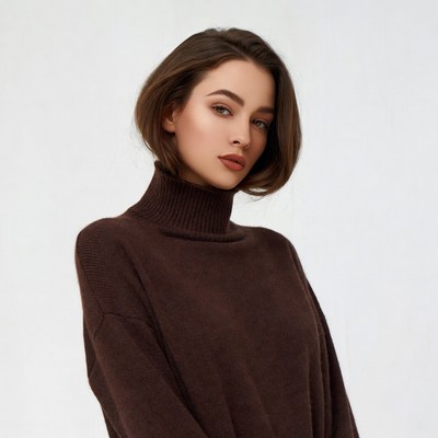 Woman in brown turtleneck sweater