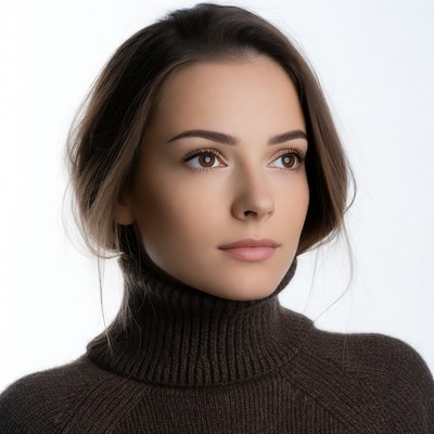 Woman in brown turtleneck sweater