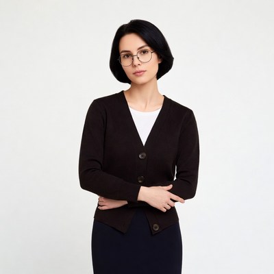 Woman in brown cardigan and skirt