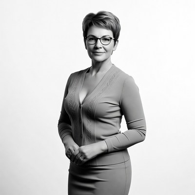 Woman with short hair and glasses