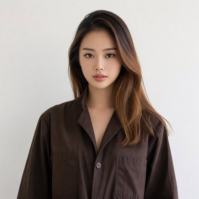 Asian woman in brown shirt