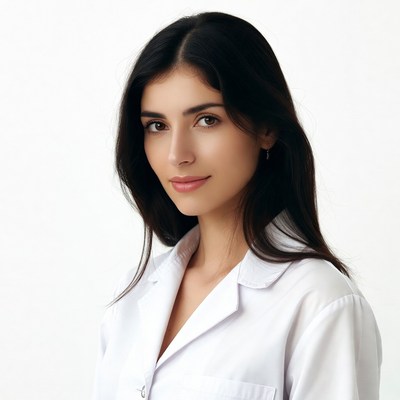 Woman in white lab coat