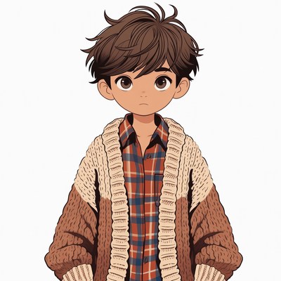 Anime boy in cardigan and plaid shirt