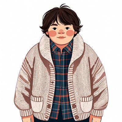 Chubby Asian boy in sweater and plaid shirt