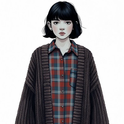 Asian woman in plaid shirt and cardigan