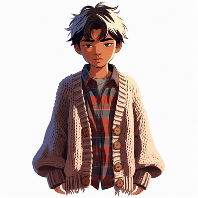 Asian boy in sweater and plaid shirt