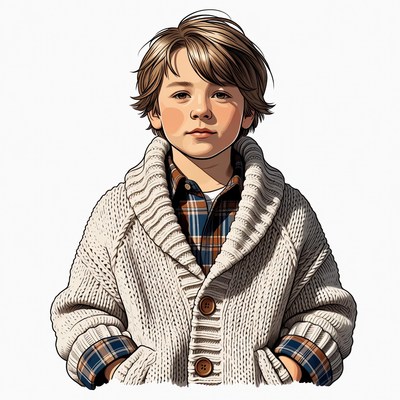 Boy in cardigan and plaid shirt