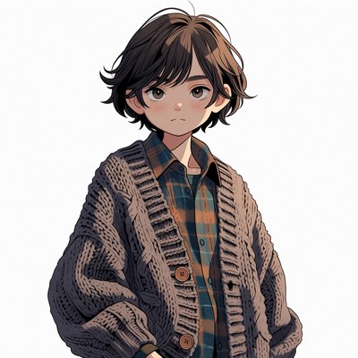 Anime boy in cardigan and plaid shirt