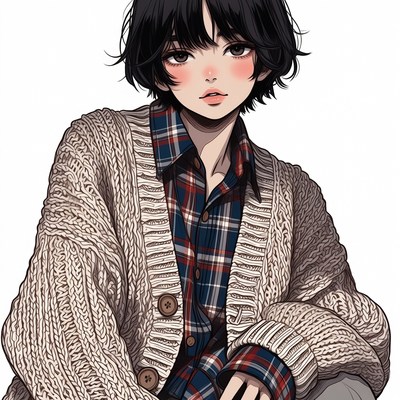 Anime girl in plaid shirt and sweater