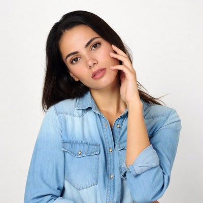 Latina woman touching cheek in denim shirt