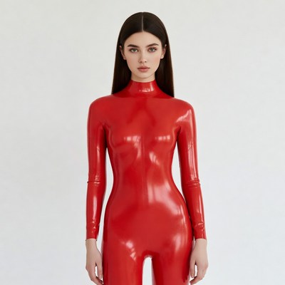 Woman in red latex bodysuit
