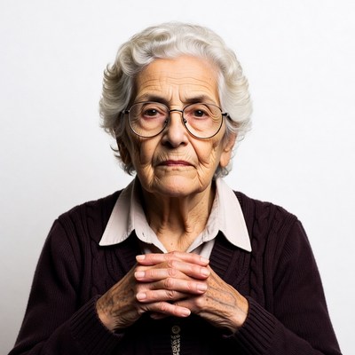 Elderly woman with hands clasped