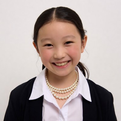 Asian girl smiling in blazer and pearls