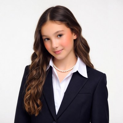 Young girl in navy blazer and pearl necklace