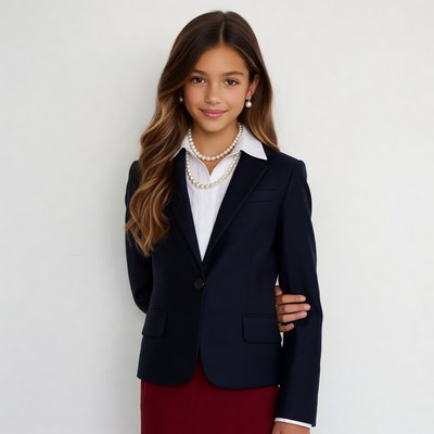 Young girl in navy blazer and pearls