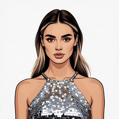 Woman in silver sequin dress illustration