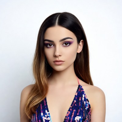 Woman in sequin dress with purple eyeshadow