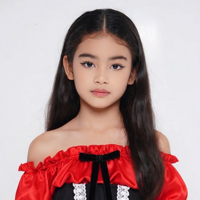 Asian girl in red off-shoulder dress