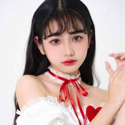 Asian girl in red bow lace dress