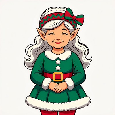 Smiling elderly elf woman in green dress