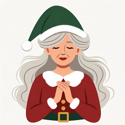 Elderly woman praying in Santa hat