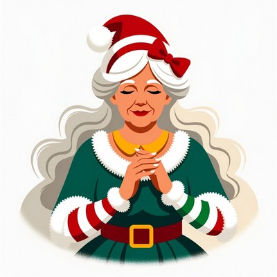 Elderly woman praying in Santa dress