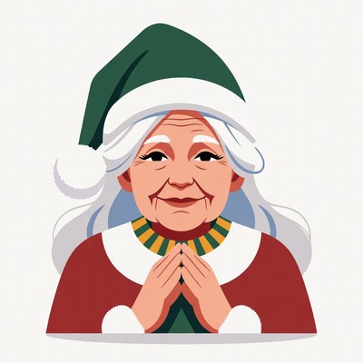 Elderly woman praying in Santa hat