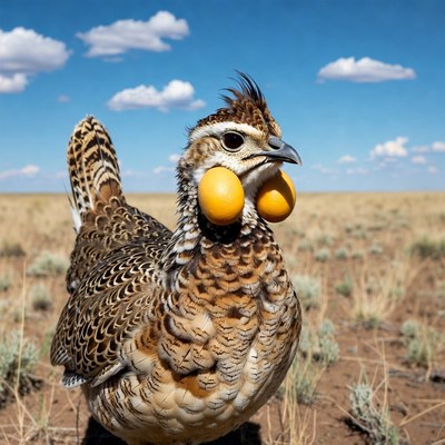 Quail with yellow balls in grassland