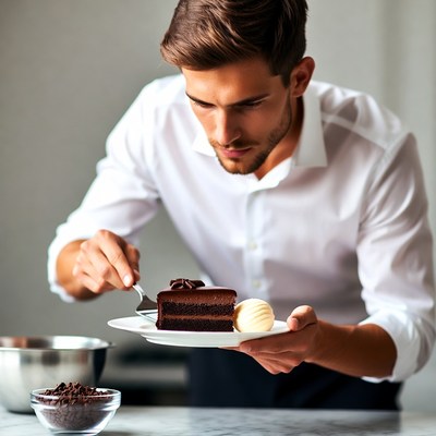 Man serving chocolate cake