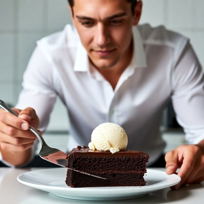 Man eating chocolate cake with ice cream