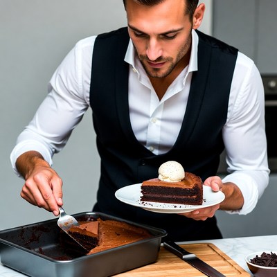Man serving chocolate cake slice