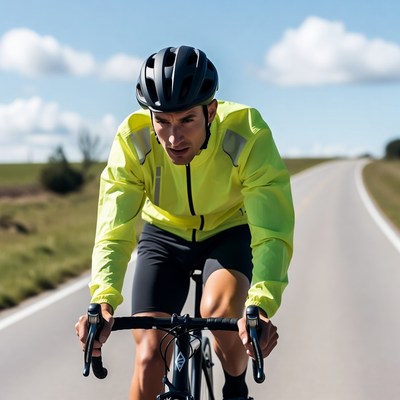 Man cycling on road in yellow jacket