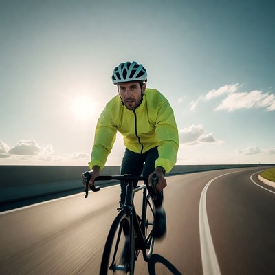Man cycling on road in yellow jacket