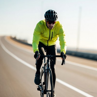 Man cycling on road in yellow jacket