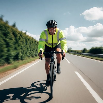 Man cycling on road in hi-vis jacket