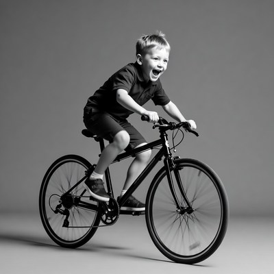 Boy riding bicycle laughing