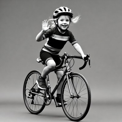 Happy girl waving on kids bike