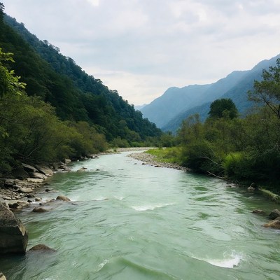 Mountain River Flowing Through Forest Valley