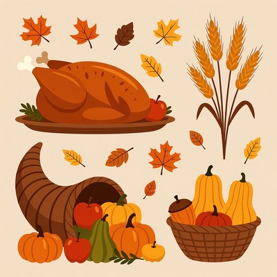 Thanksgiving Cornucopia with Turkey and Pumpkins
