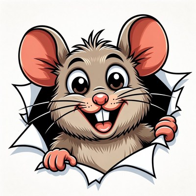 Cartoon mouse peeking through torn paper