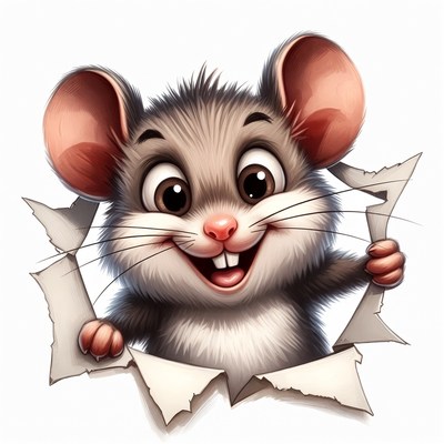 Cute cartoon mouse peeking through torn paper