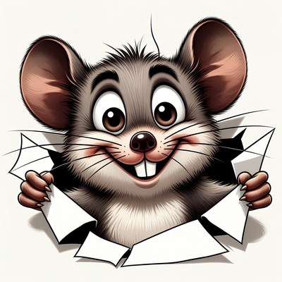 Cartoon mouse peeking through torn paper