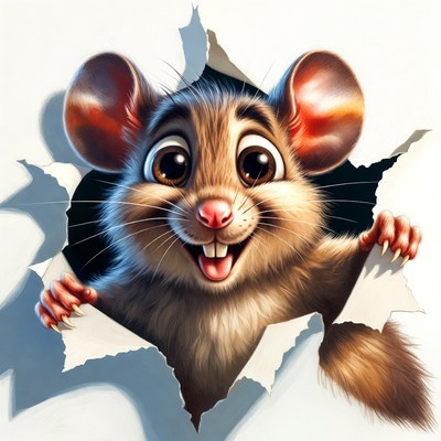 Cute mouse peeking through torn paper