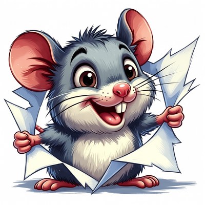 Cute cartoon mouse tearing paper