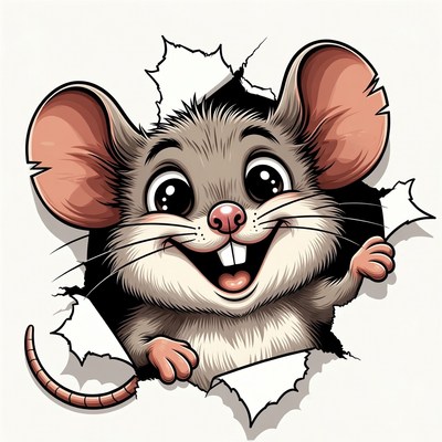 Cute mouse peeking through torn paper