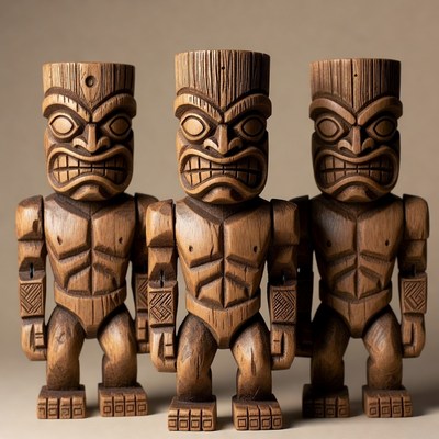 Three Wooden Tiki Statues