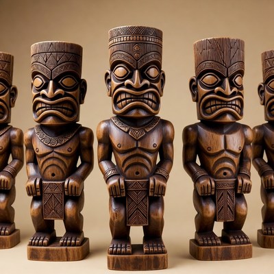 Five Wooden Tiki Statues