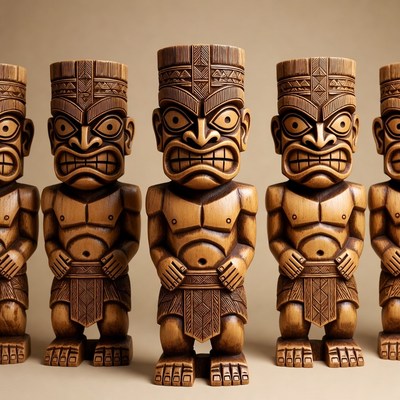 Row of Wooden Tiki Statues