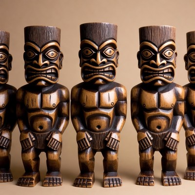 Row of Wooden Tiki Statues